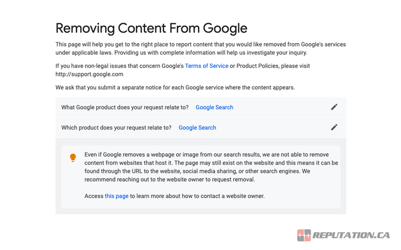 Удаление контента со страницы Google