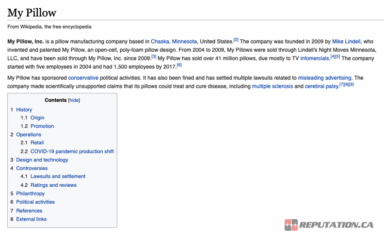 Страница MyPillow в Википедии