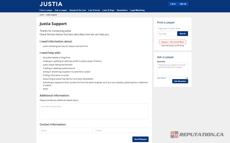 Страница поддержки Justia