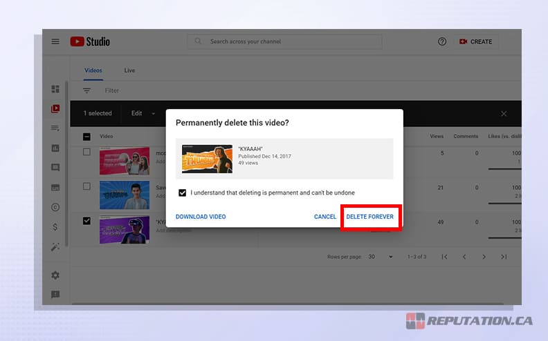 Удаление видео с YouTube