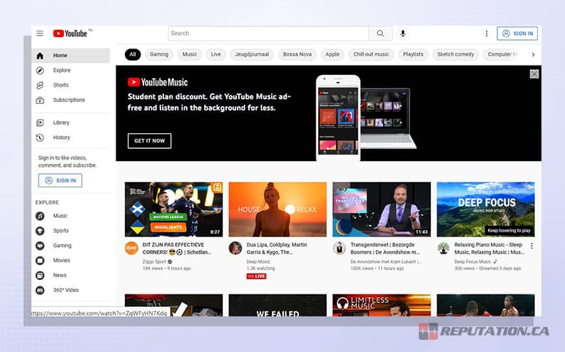 Домашняя страница YouTube