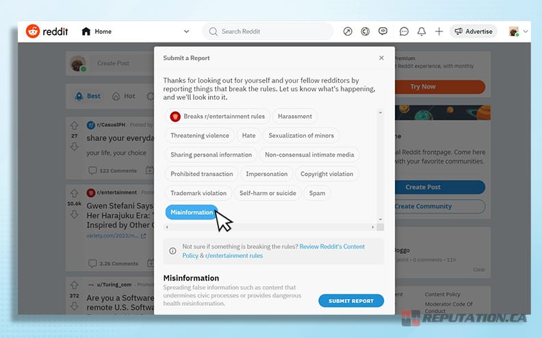 Жалоба на публикацию на Reddit