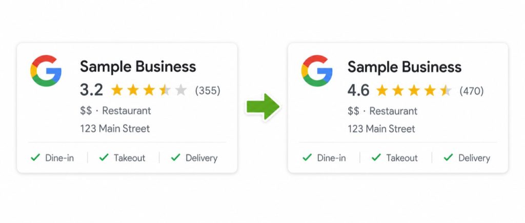 Пример бизнес-рейтинга Google, повышенного с 3,2 до 4,6 звезды